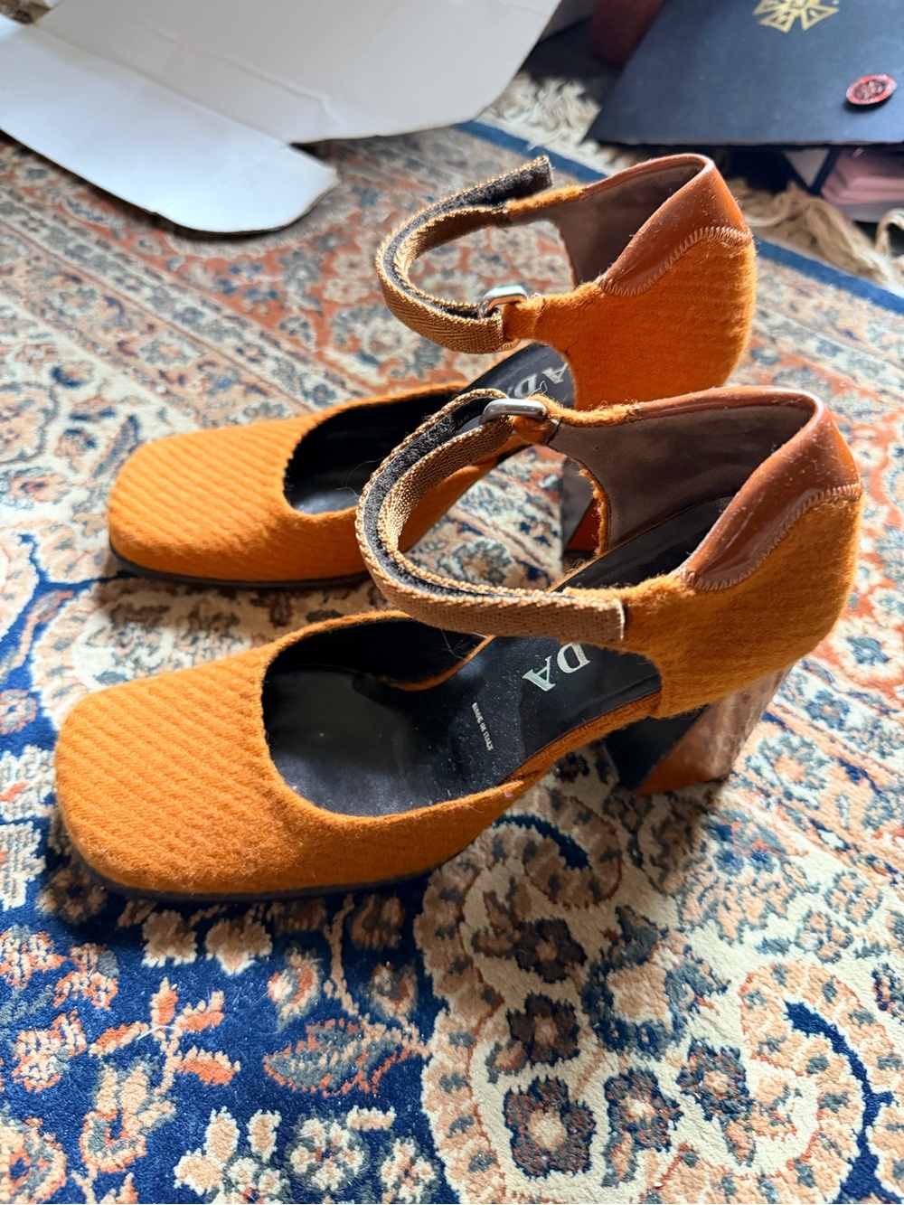 Orange Prada Ankle-Strap Block Heel Pumps